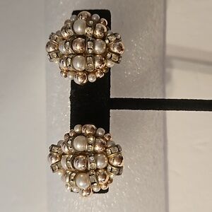 Faux Pearls, Goldtone Beads & Silvertone Rhinestone Rondells Clip-on Earrings